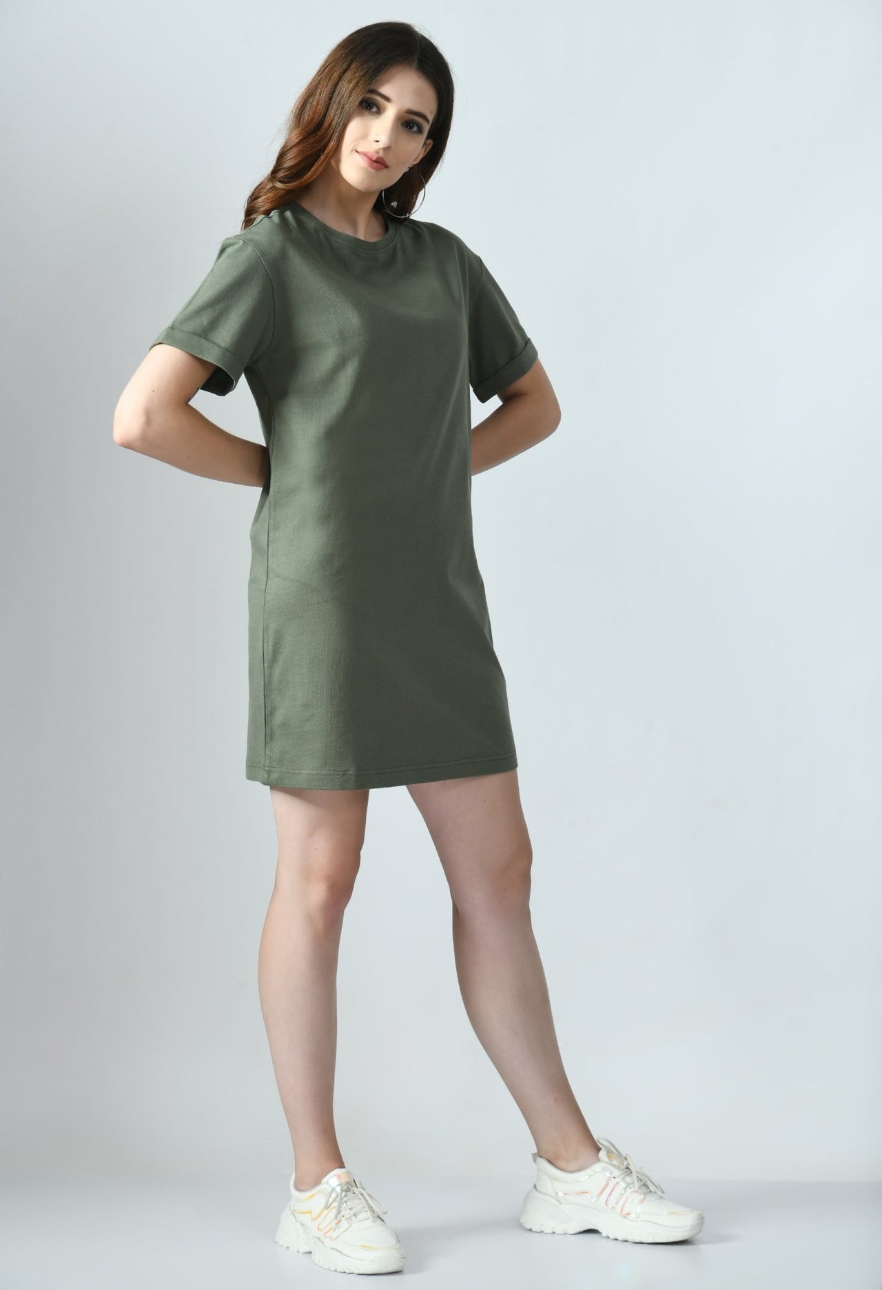 T-shirt Dress With Roll - Up Sleeves - RueCollections