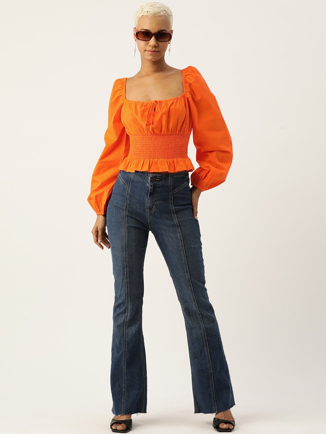 Tie - Up Neck Puff Sleeve Smocked Cotton Bardot Crop Top - RueCollections