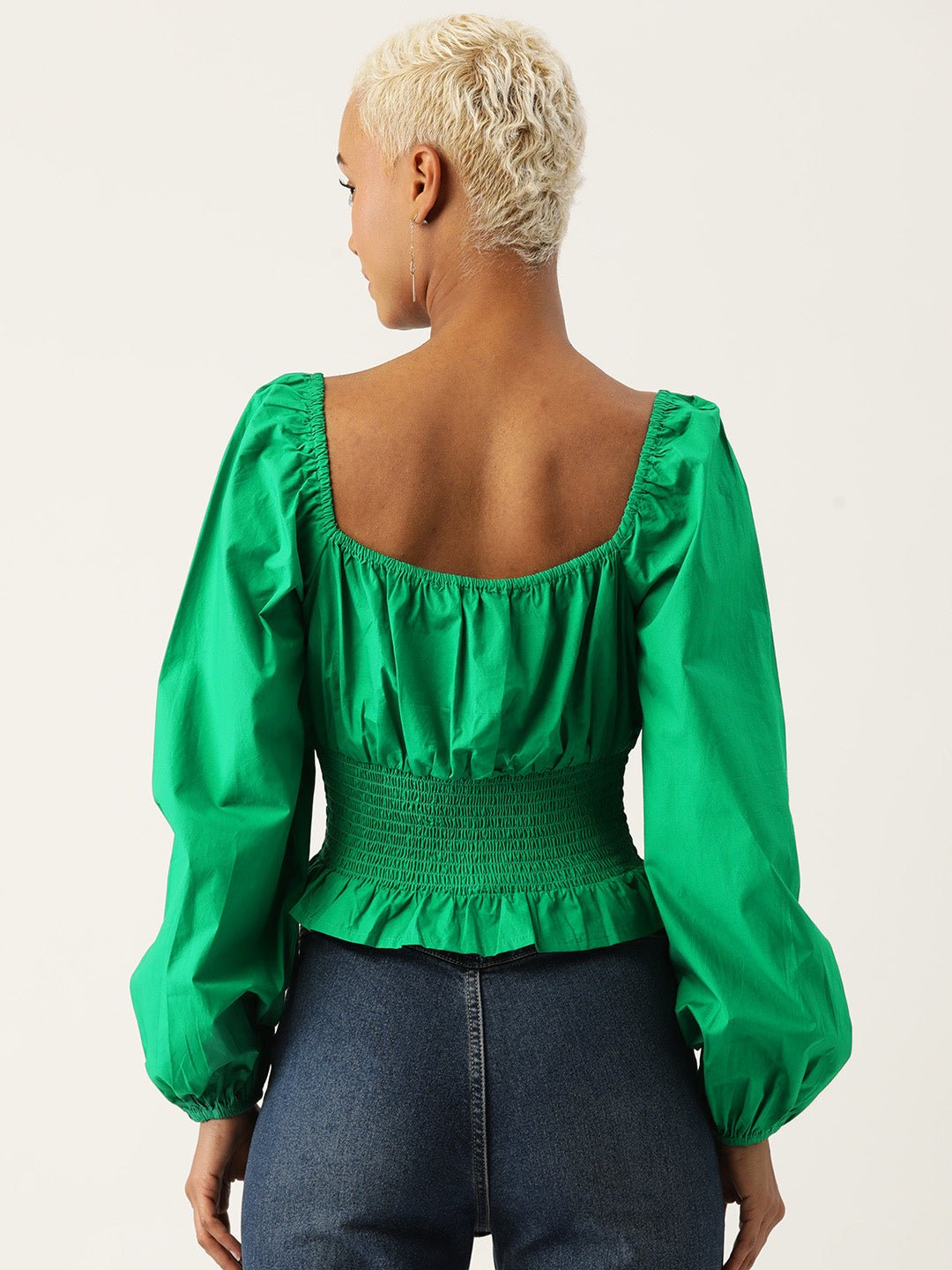 Tie - Up Neck Puff Sleeve Smocked Cotton Bardot Crop Top - RueCollections