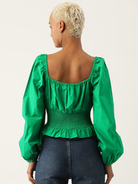 Thumbnail for Tie - Up Neck Puff Sleeve Smocked Cotton Bardot Crop Top - RueCollections