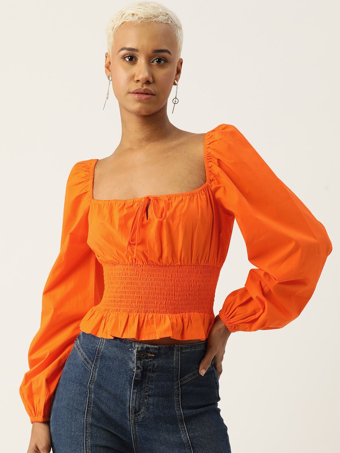 Tie - Up Neck Puff Sleeve Smocked Cotton Bardot Crop Top - RueCollections