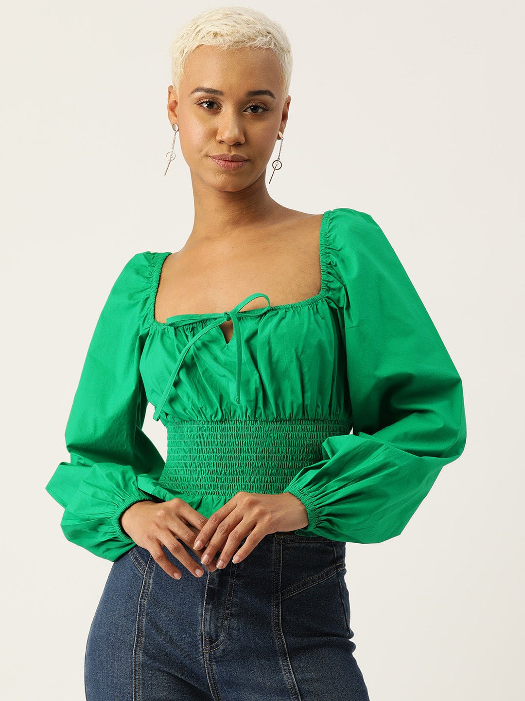 Tie - Up Neck Puff Sleeve Smocked Cotton Bardot Crop Top - RueCollections