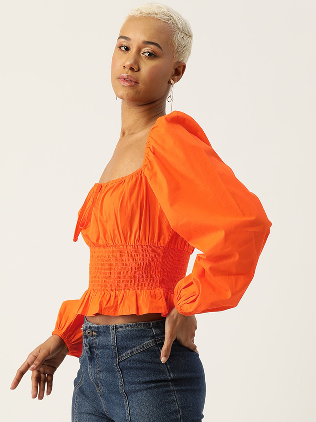 Tie - Up Neck Puff Sleeve Smocked Cotton Bardot Crop Top - RueCollections