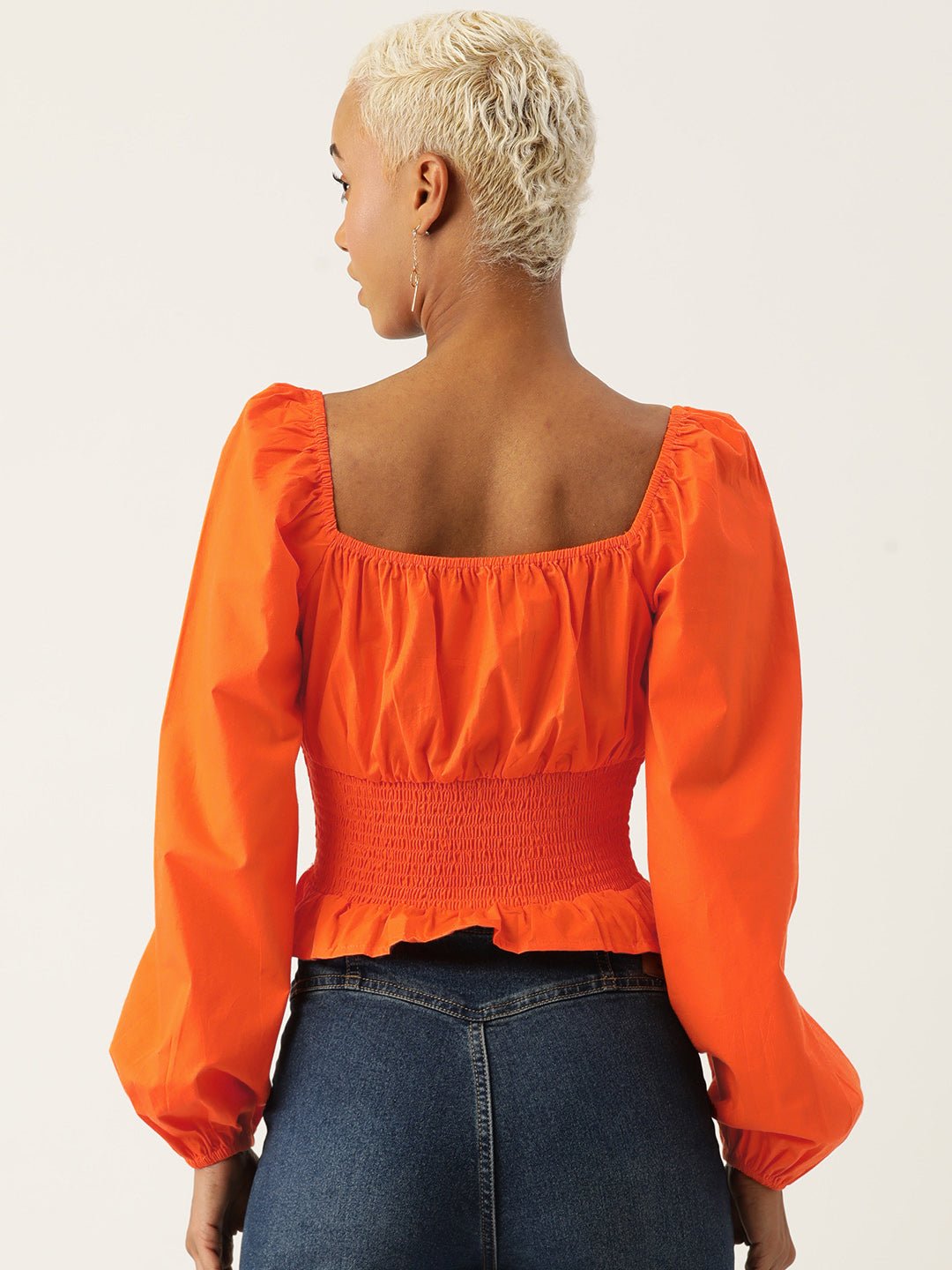 Tie - Up Neck Puff Sleeve Smocked Cotton Bardot Crop Top - RueCollections