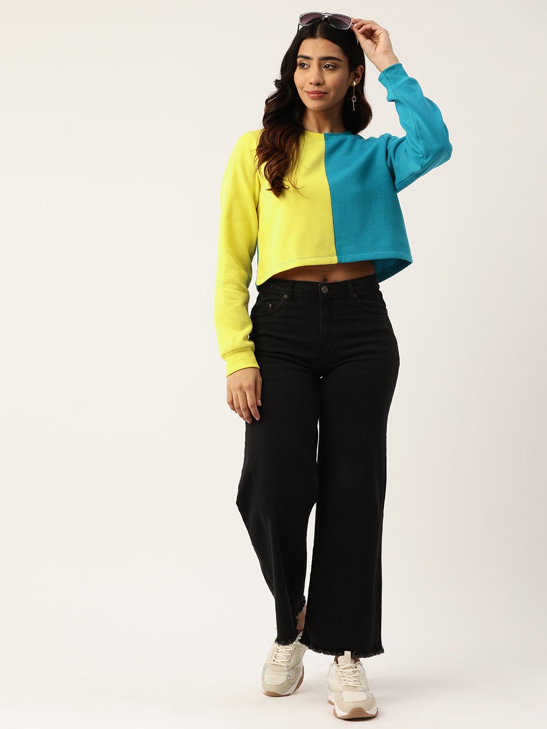 Turquoise Blue Colourblocked Fleece Sweatshirt - RueCollections