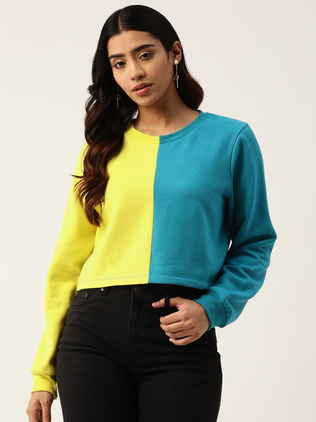 Turquoise Blue Colourblocked Fleece Sweatshirt - RueCollections