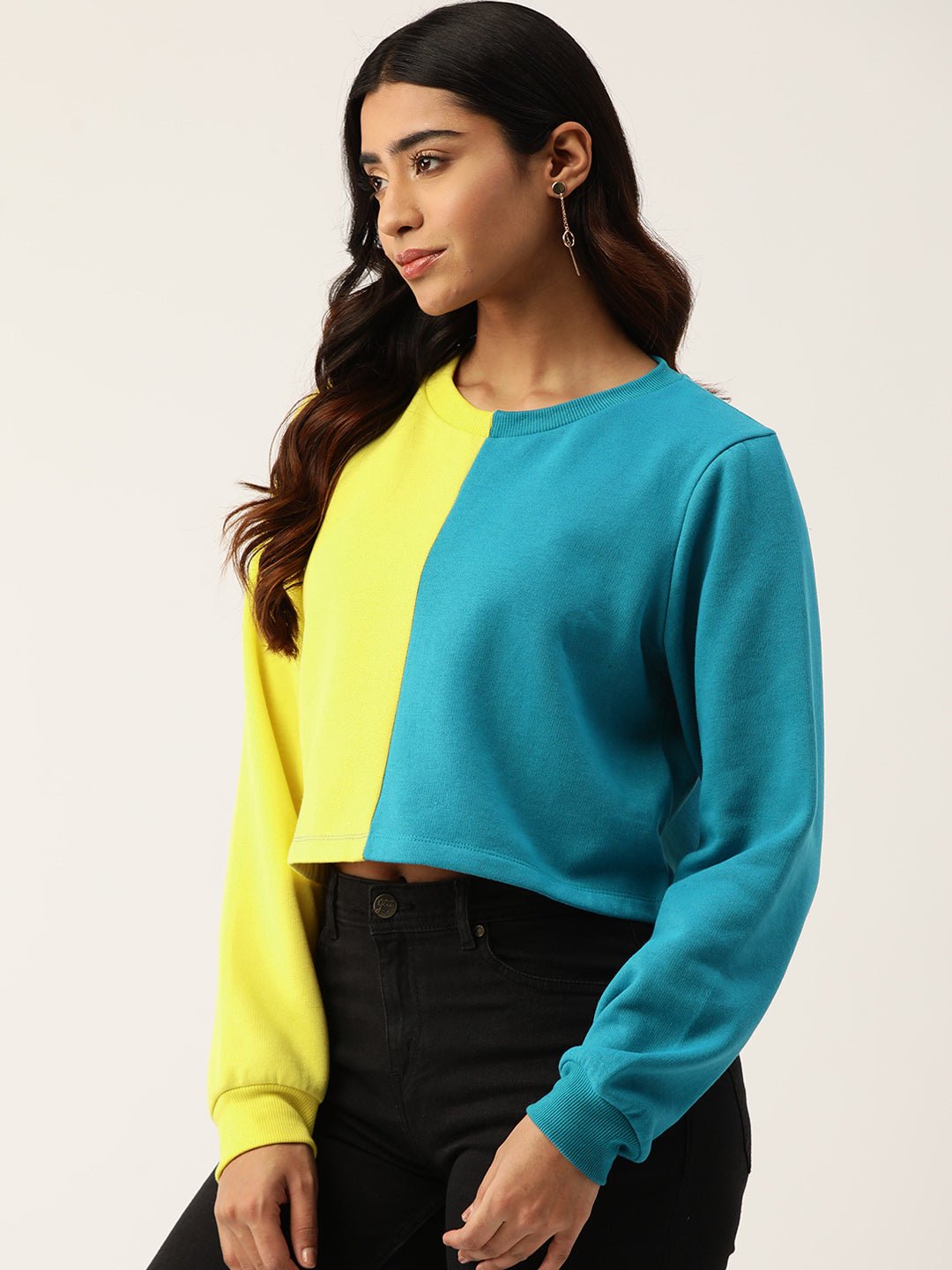 Turquoise Blue Colourblocked Fleece Sweatshirt - RueCollections