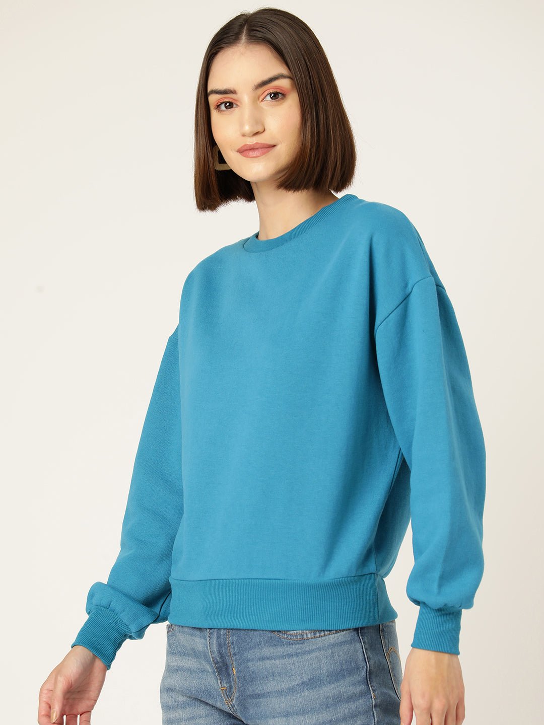 Turquoise Blue Solid Fleece Sweatshirt - RueCollections