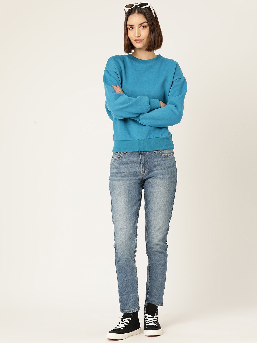 Turquoise Blue Solid Fleece Sweatshirt - RueCollections