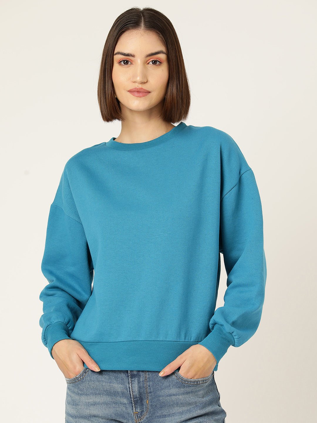 Turquoise Blue Solid Fleece Sweatshirt - RueCollections