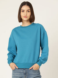 Thumbnail for Turquoise Blue Solid Fleece Sweatshirt - RueCollections