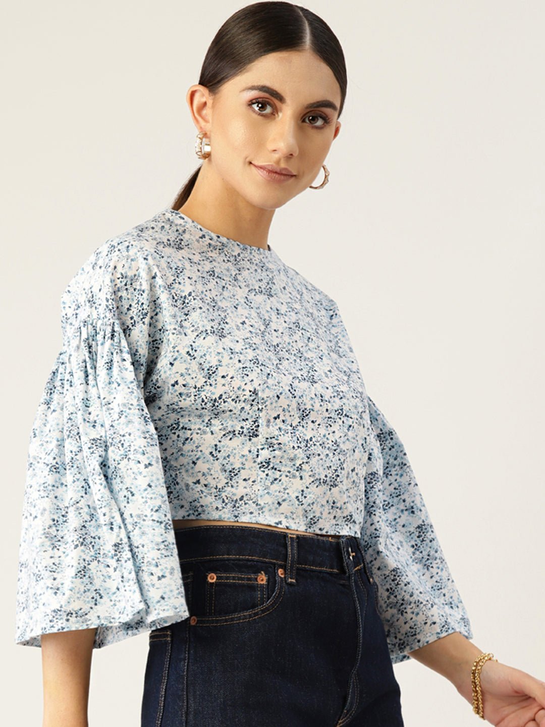 White & Blue Floral Print Cotton Crop Top - RueCollections