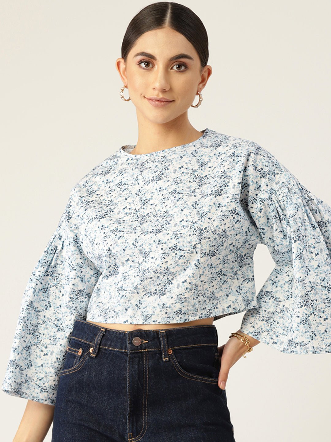 White & Blue Floral Print Cotton Crop Top - RueCollections