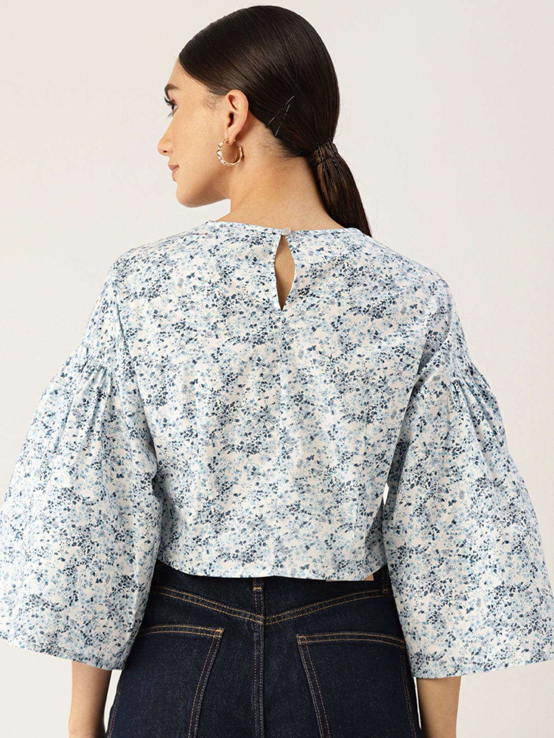 White & Blue Floral Print Cotton Crop Top - RueCollections