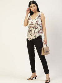 Thumbnail for White & Burgundy Floral Print Cowl Neck Crepe Top - RueCollections