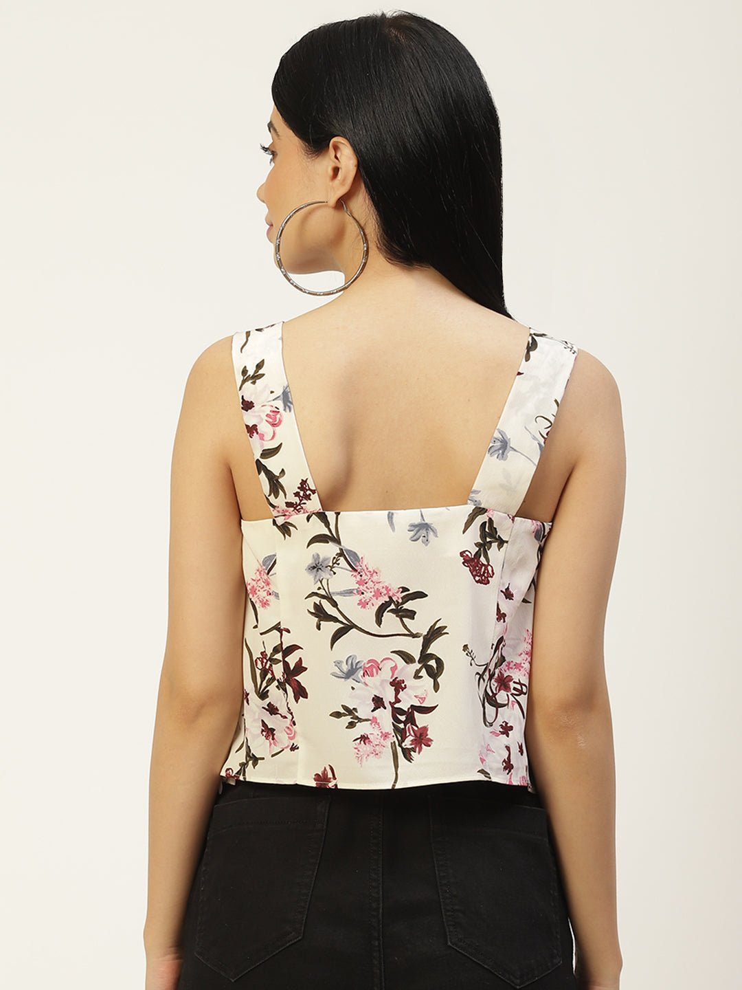 White & Burgundy Floral Print Cowl Neck Crepe Top - RueCollections