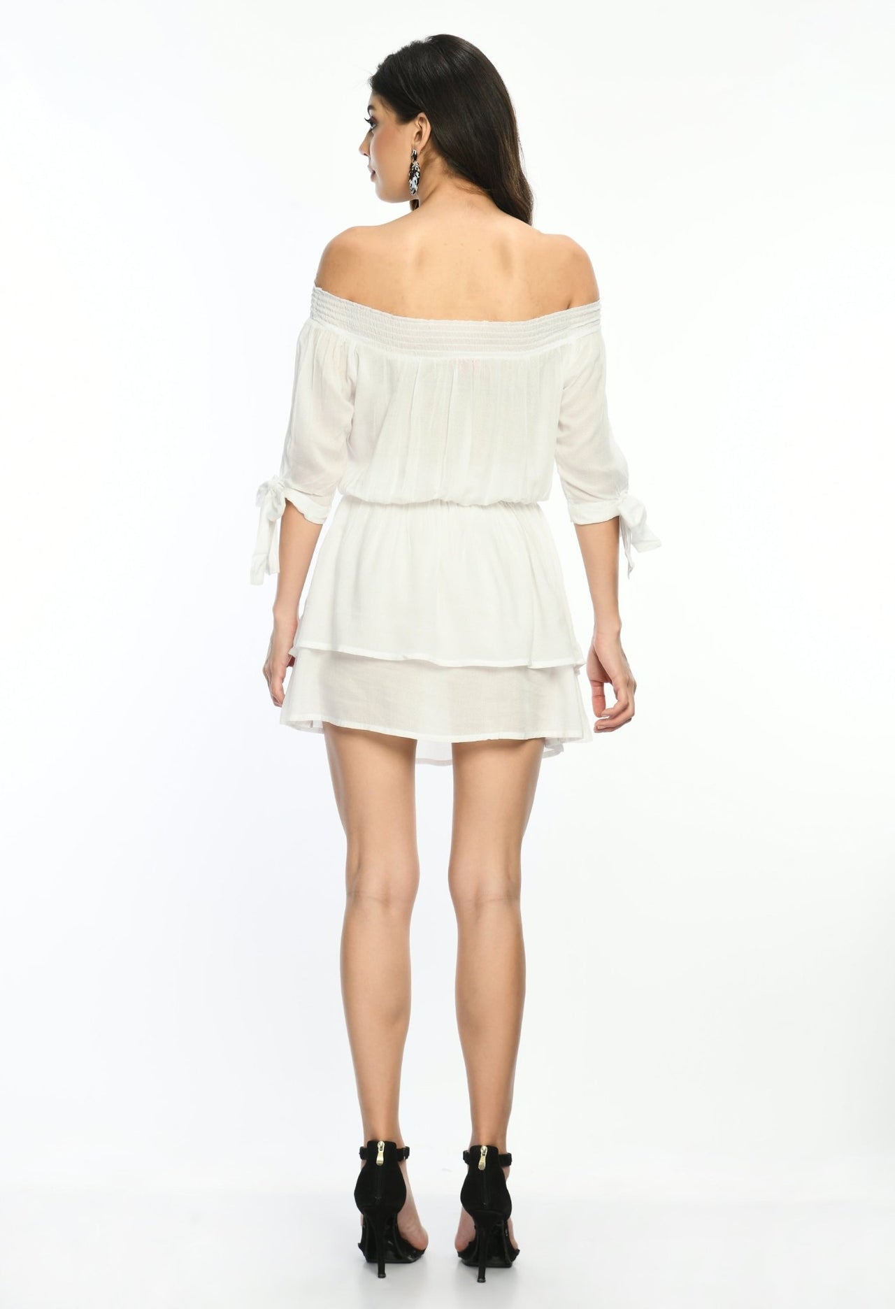 White Off Shoulder Tiered Dress - RueCollections