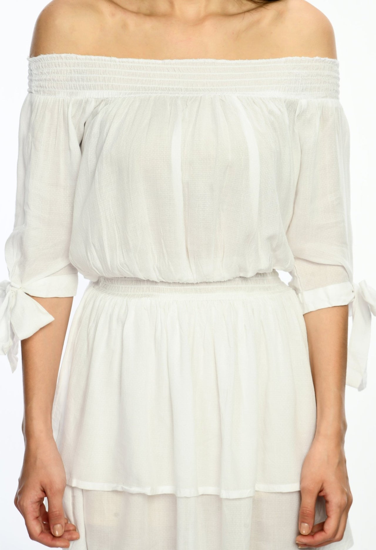 White Off Shoulder Tiered Dress - RueCollections