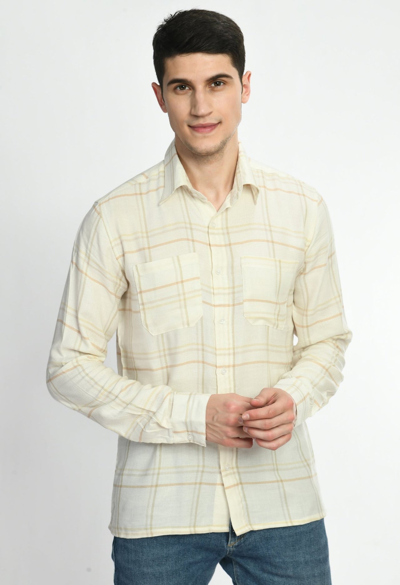 White & Yellow Checks Full Sleeves Shirt - RueCollections