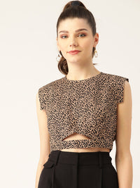 Thumbnail for Women Beige & Black Animal Printed Pure Cotton Crop Top - RueCollections