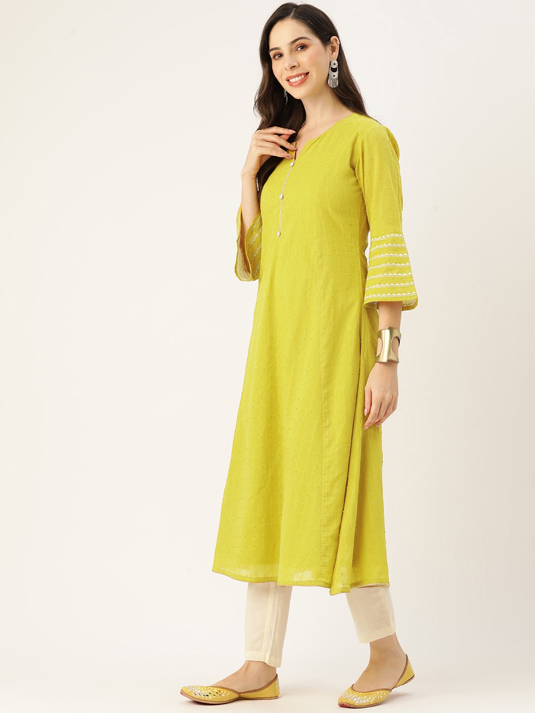 Women Bell Sleeves Thread Work Kurta - RueCollections