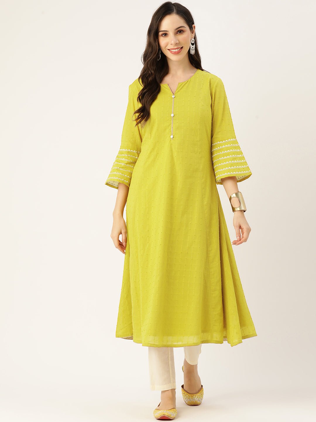 Women Bell Sleeves Thread Work Kurta - RueCollections