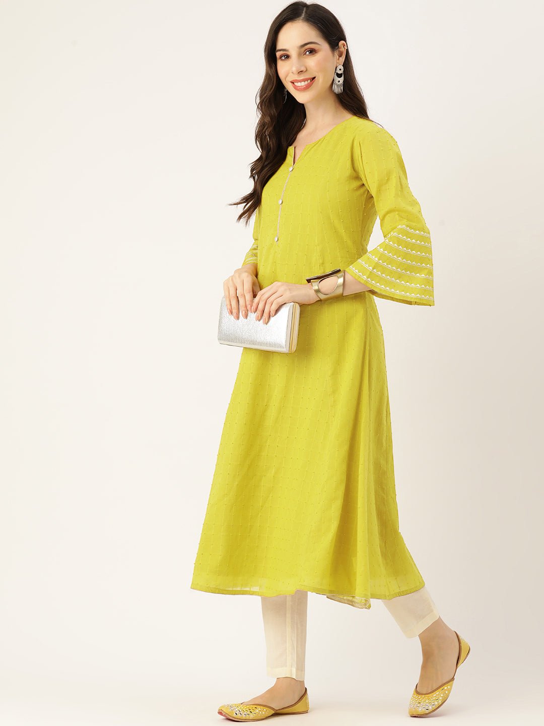 Women Bell Sleeves Thread Work Kurta - RueCollections