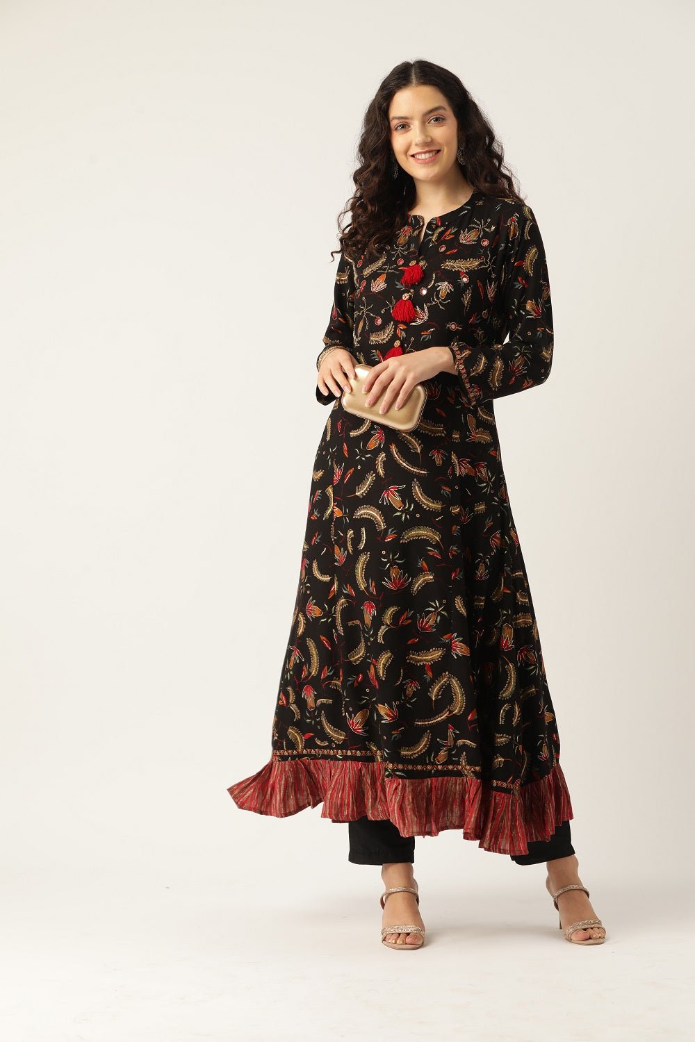 Women Black Embellished Anarkali Kurta - RueCollections