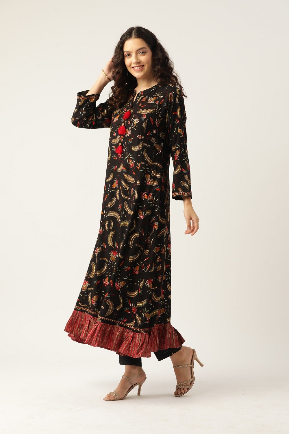 Women Black Embellished Anarkali Kurta - RueCollections