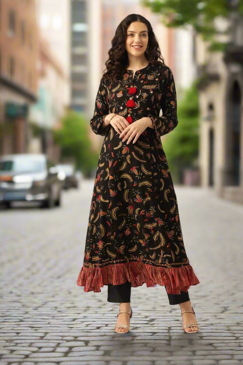 Women Black Embellished Anarkali Kurta - RueCollections