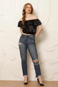 Thumbnail for Women Black Off - Shoulder Flutter Sleeve Bardot Crop Top - RueCollections