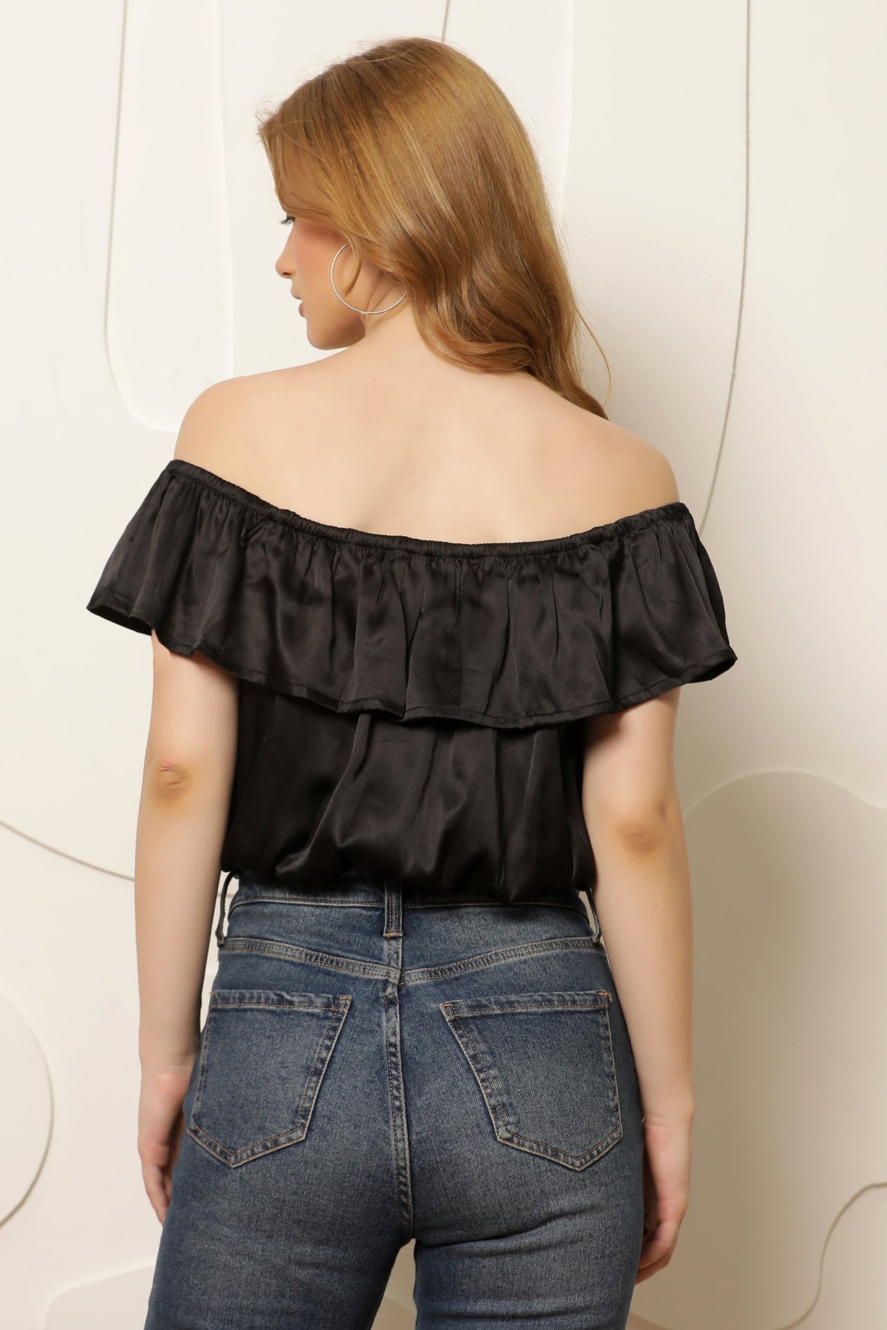 Women Black Off - Shoulder Flutter Sleeve Bardot Crop Top - RueCollections