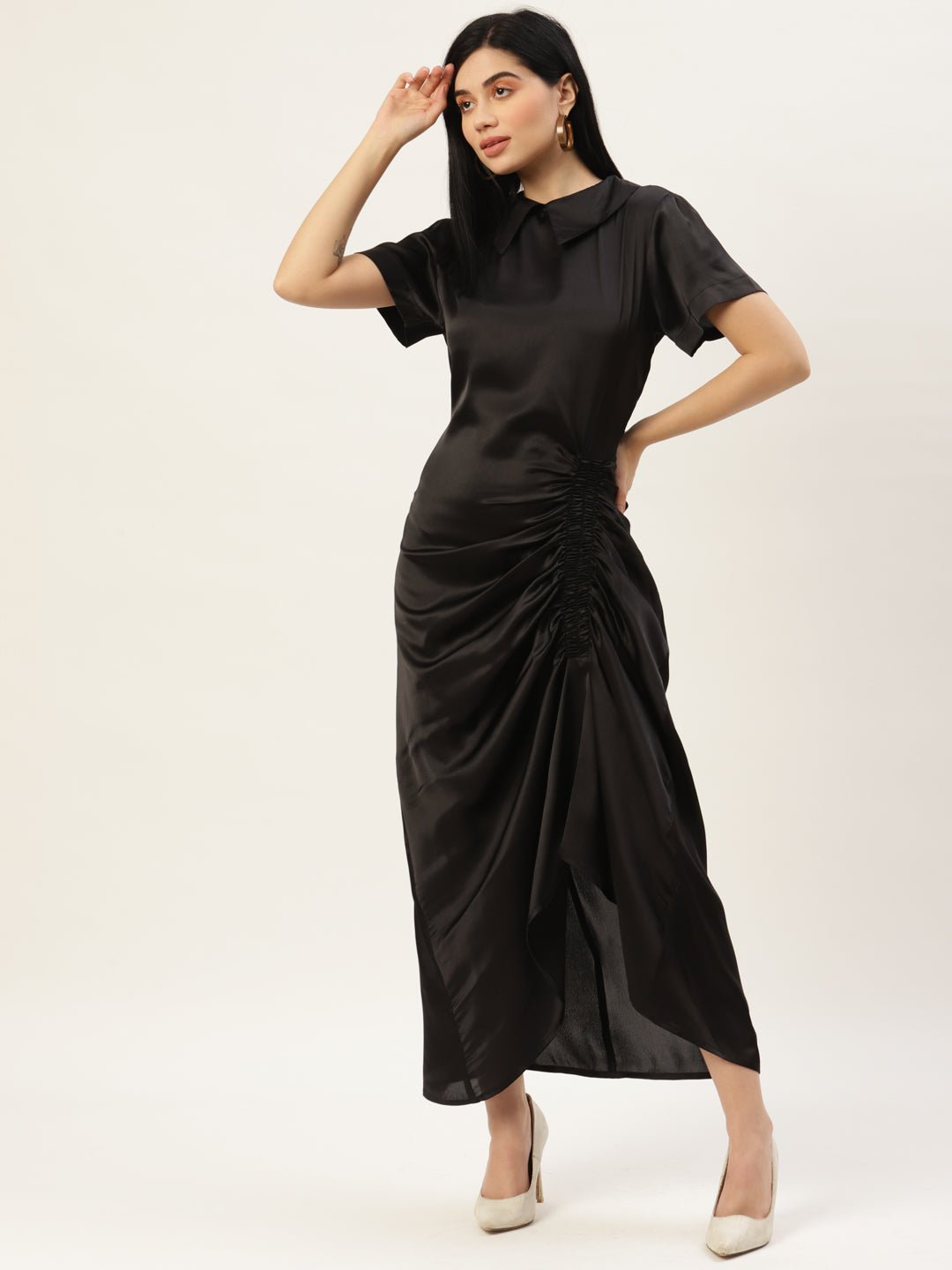 Women Black Solid Ruched Satin Maxi Dress - RueCollections