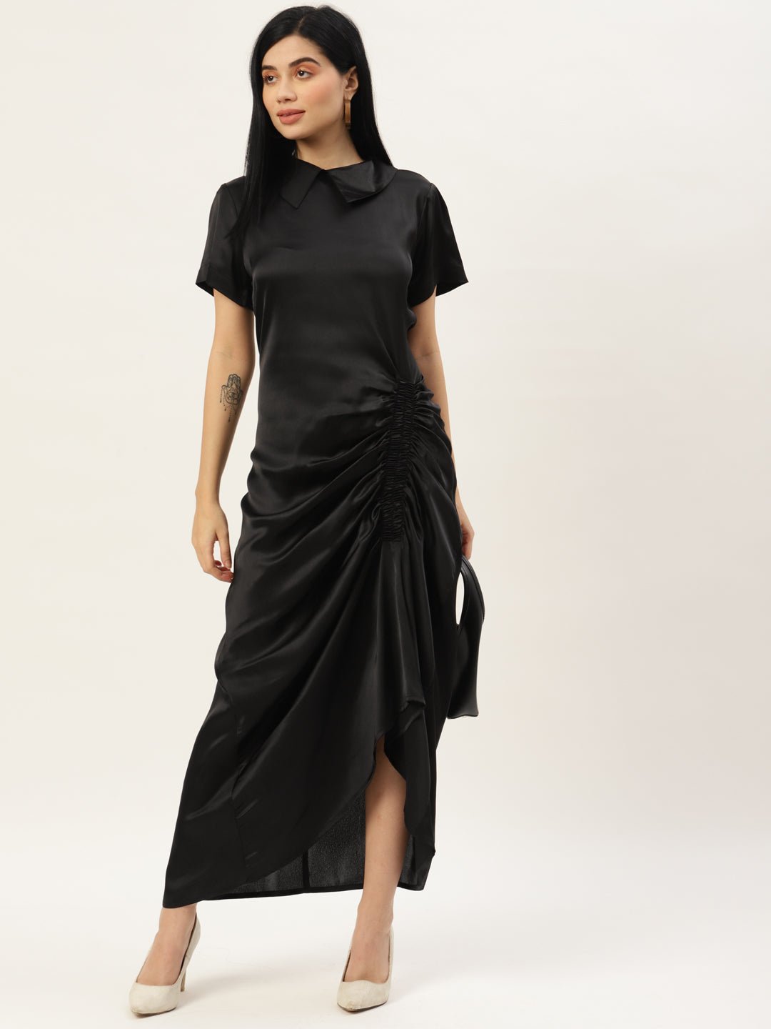 Women Black Solid Ruched Satin Maxi Dress - RueCollections