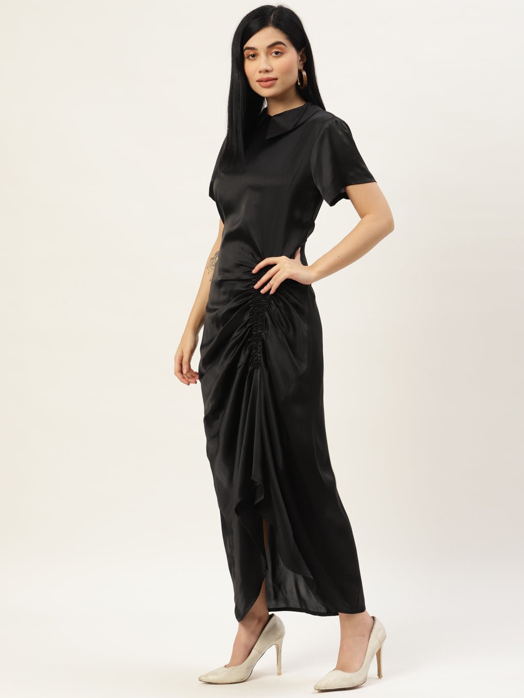 Women Black Solid Ruched Satin Maxi Dress - RueCollections