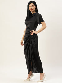 Thumbnail for Women Black Solid Ruched Satin Maxi Dress - RueCollections