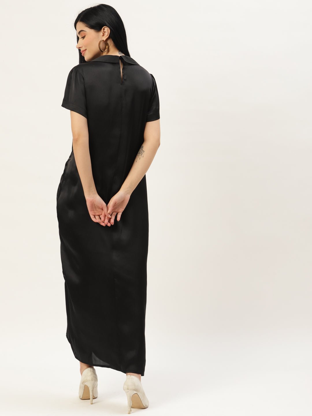 Women Black Solid Ruched Satin Maxi Dress - RueCollections