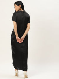 Thumbnail for Women Black Solid Ruched Satin Maxi Dress - RueCollections