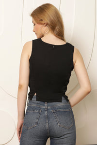 Thumbnail for Women Black Solid Satin Finish Crop Top - RueCollections