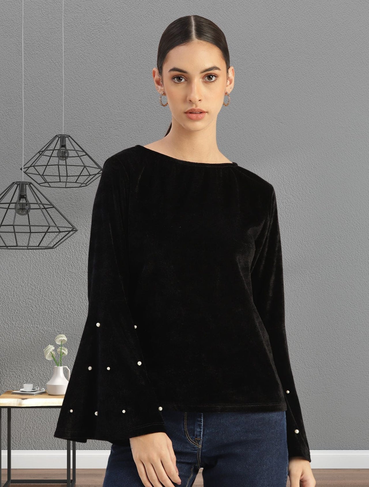 Women Black Velvet Finish Solid Top - RueCollections