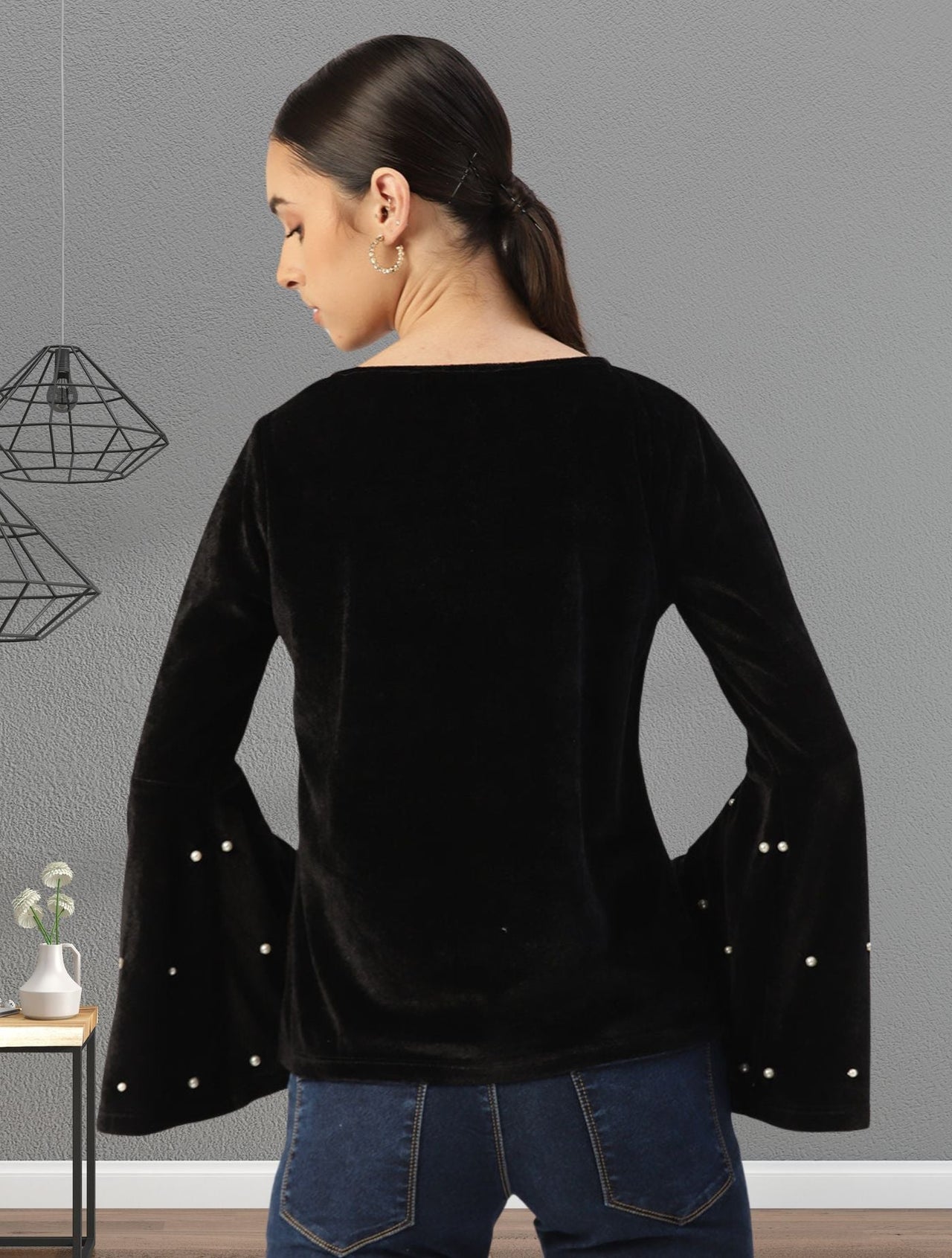 Women Black Velvet Finish Solid Top - RueCollections