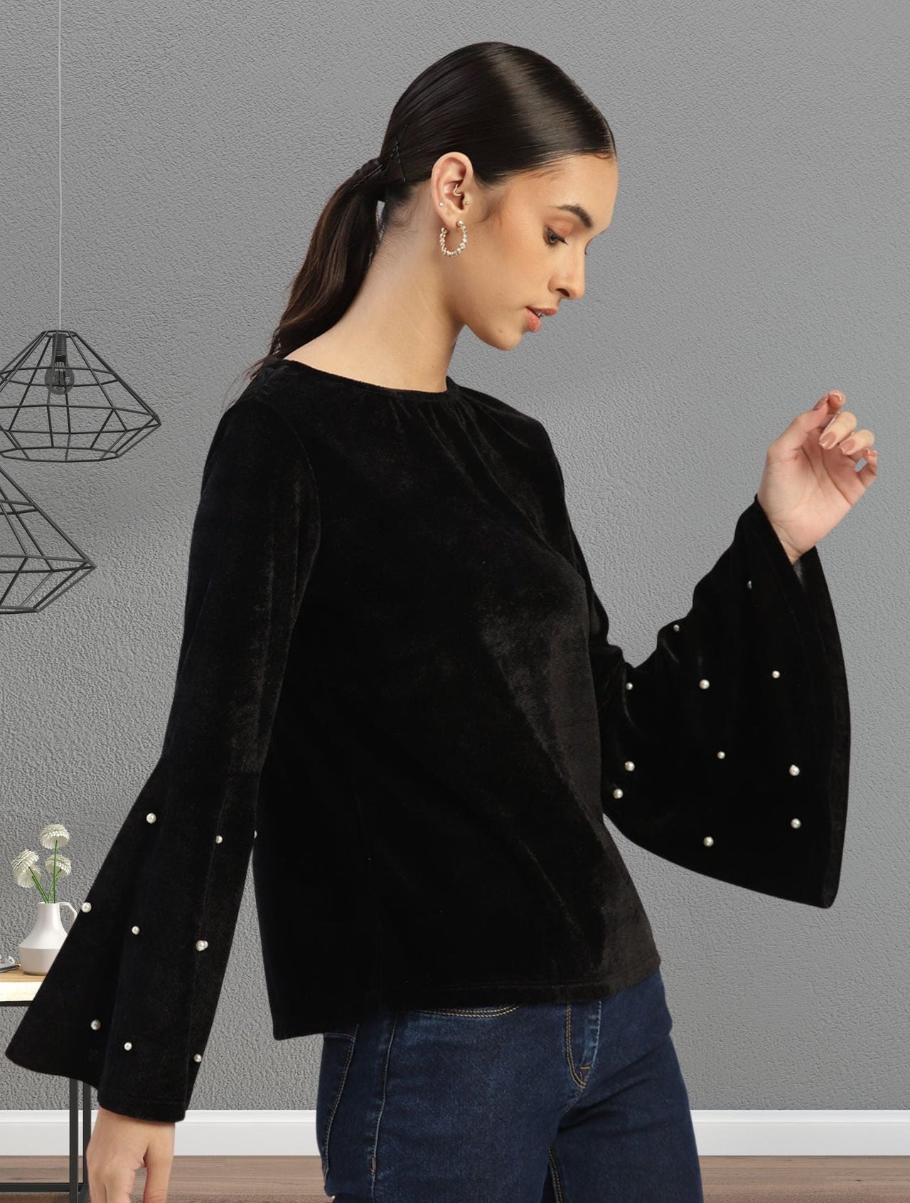 Women Black Velvet Finish Solid Top - RueCollections