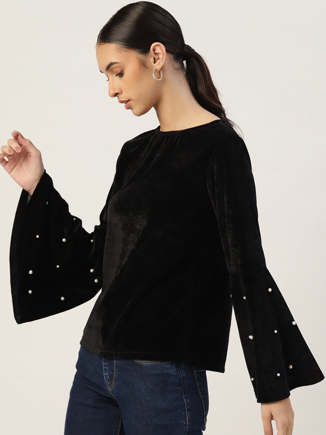 Women Black Velvet Finish Solid Top - RueCollections