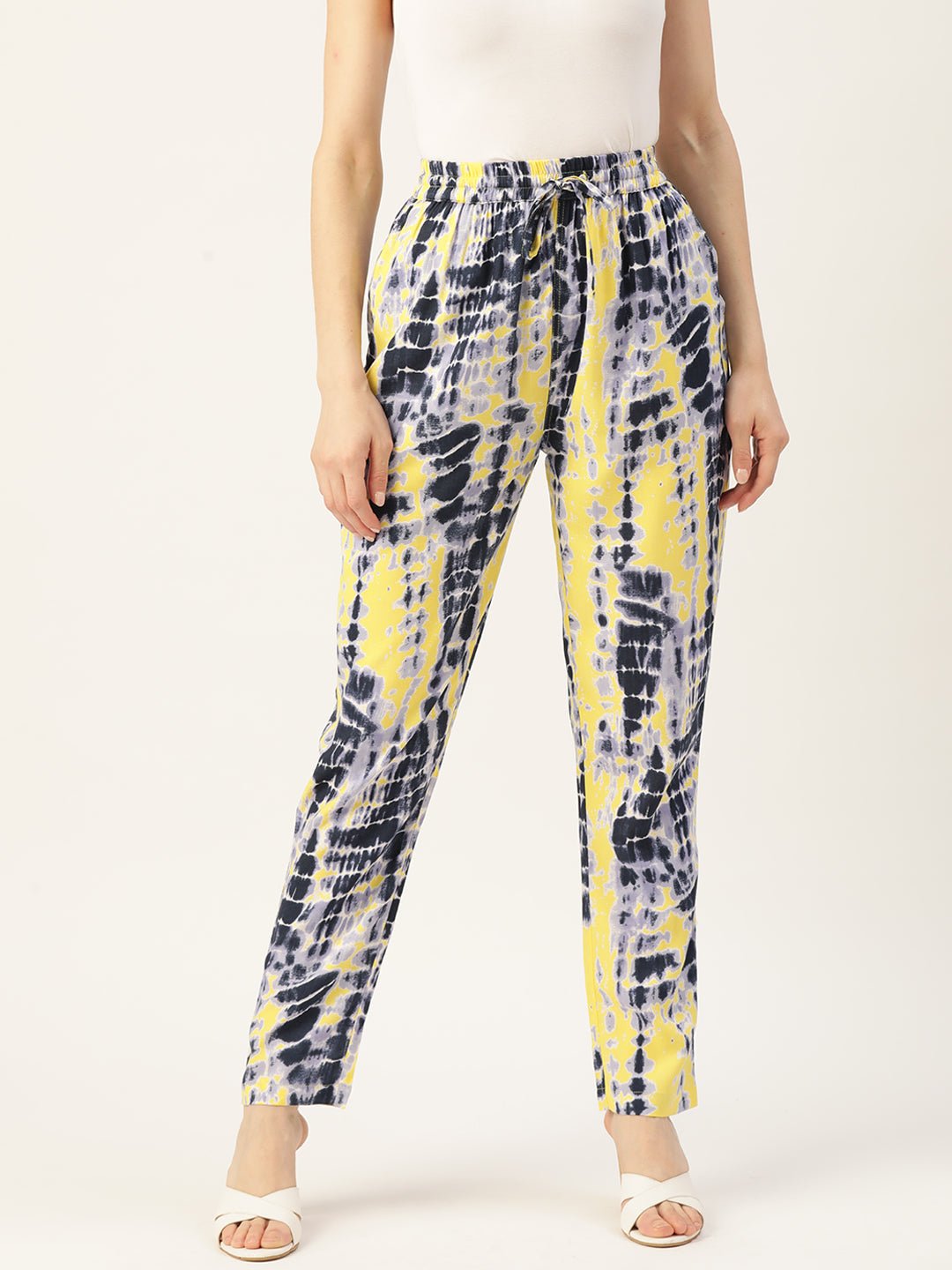 Women Black & Yellow Printed High - Rise Trousers - RueCollections