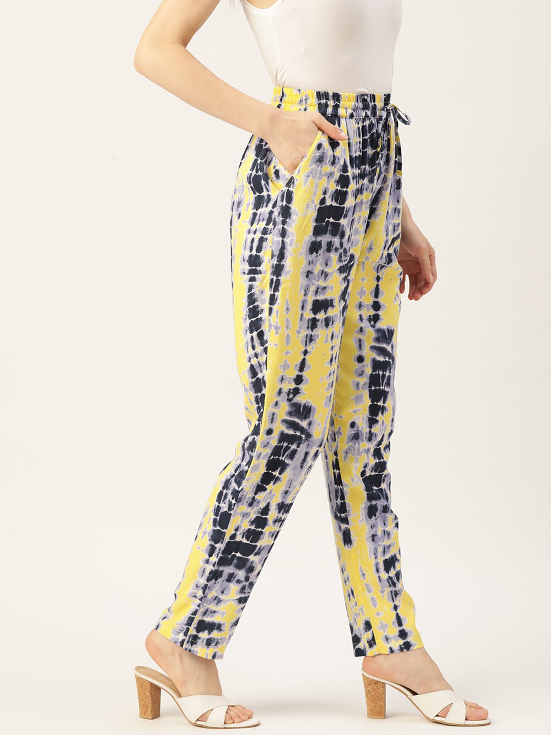 Women Black & Yellow Printed High - Rise Trousers - RueCollections