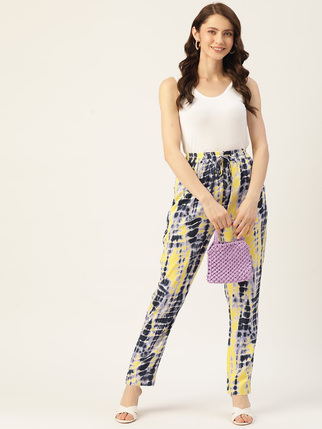 Women Black & Yellow Printed High - Rise Trousers - RueCollections