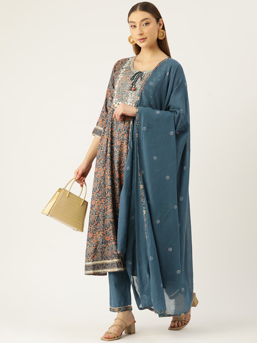 Women Blue Floral Yoke Design Pleated Gotta Patti Kurta with Trousers & With Dupatta - RueCollections