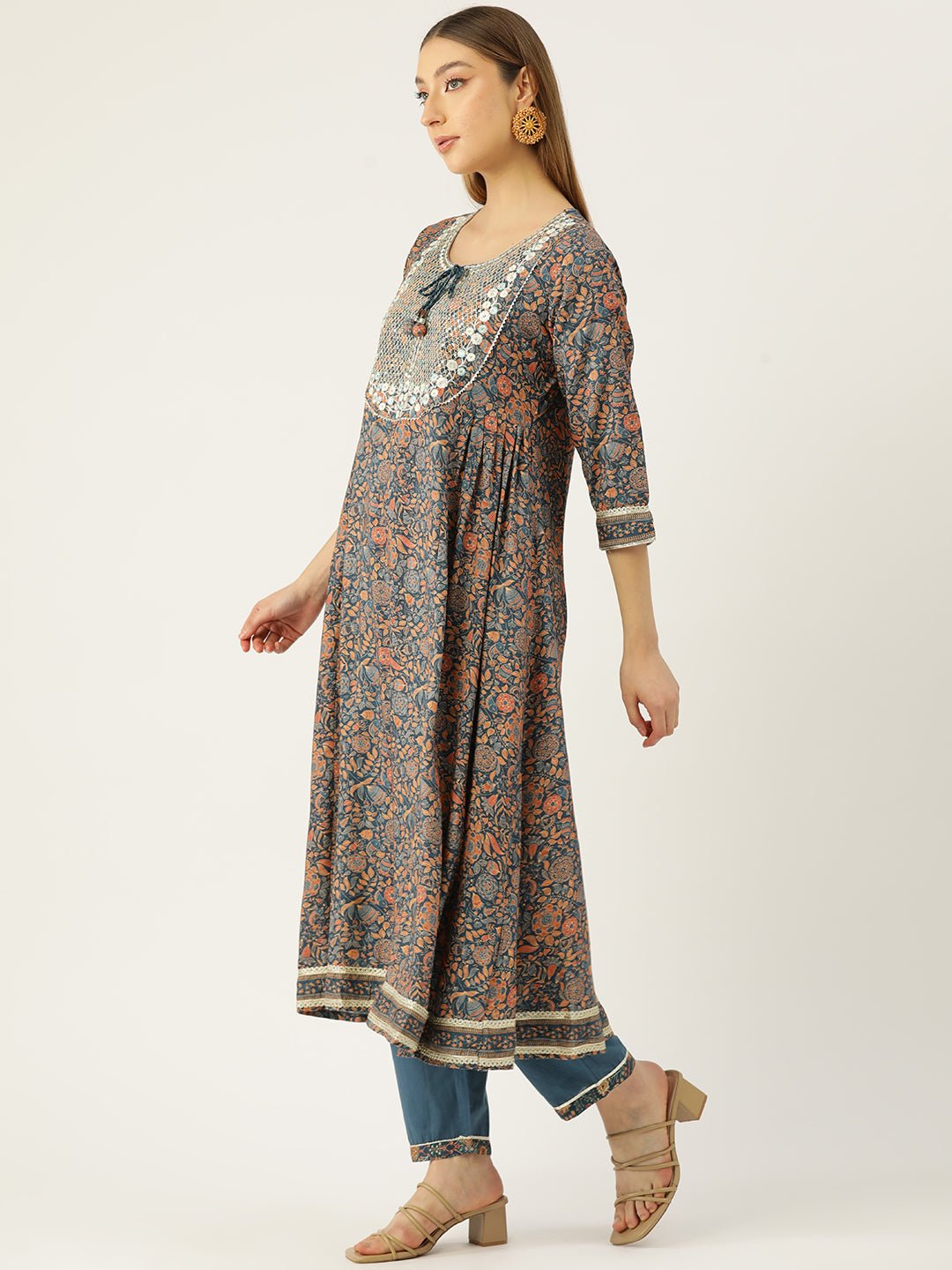 Women Blue Floral Yoke Design Pleated Gotta Patti Kurta with Trousers & With Dupatta - RueCollections