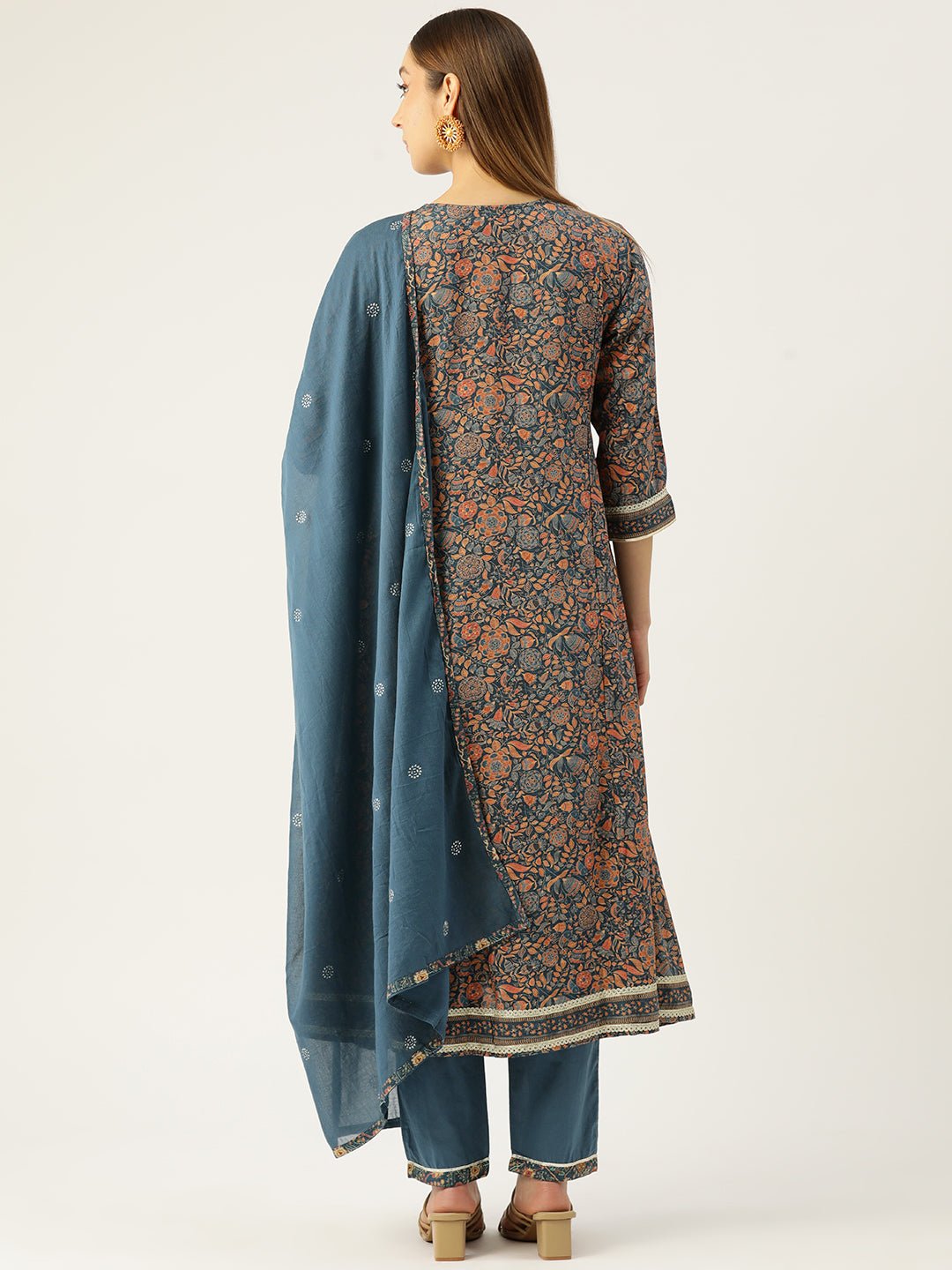 Women Blue Floral Yoke Design Pleated Gotta Patti Kurta with Trousers & With Dupatta - RueCollections