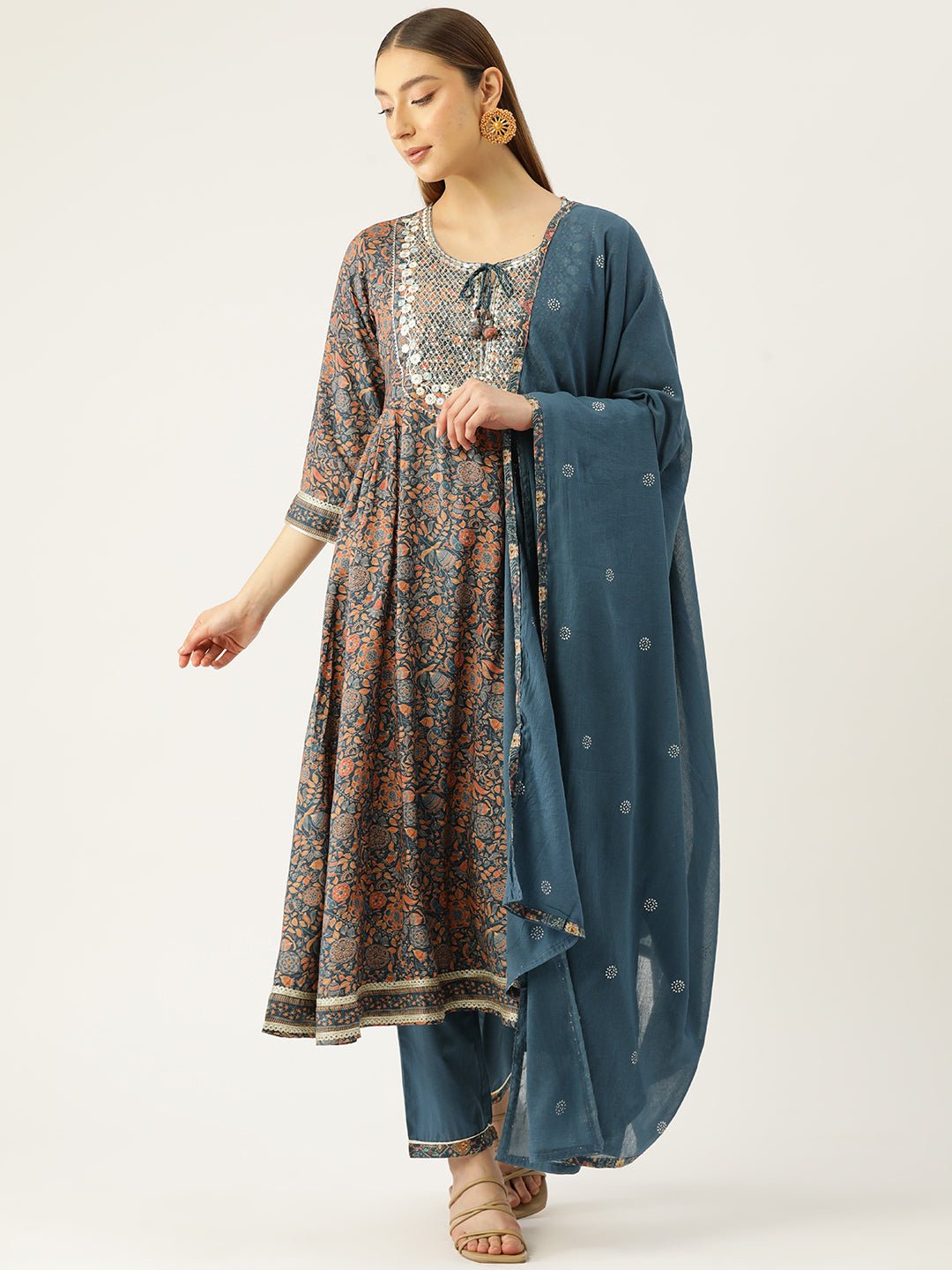 Women Blue Floral Yoke Design Pleated Gotta Patti Kurta with Trousers & With Dupatta - RueCollections